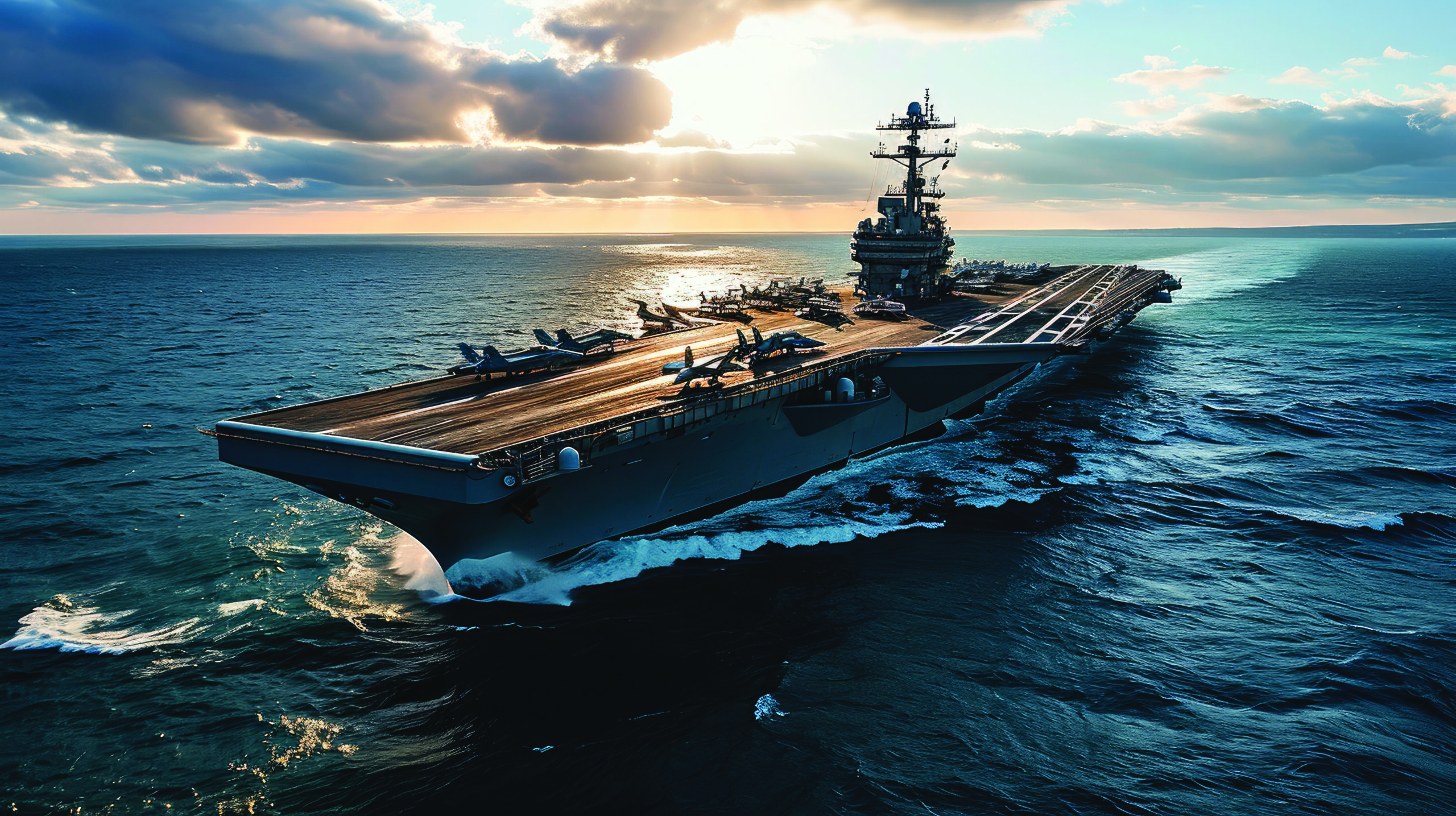 Navy aircraft carrier, Aerial high view. Generative AI.